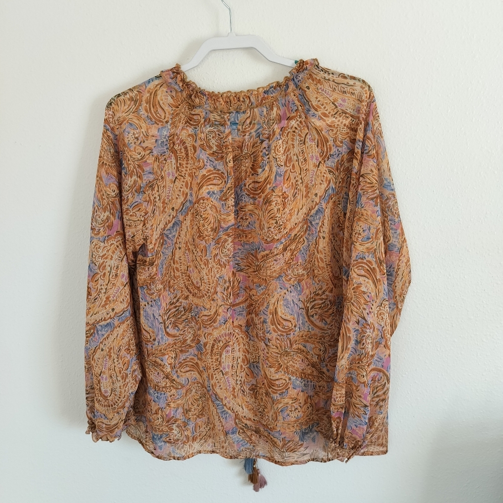 Democracy Women's Sheer Brown Paisley Peasant Top Large Boho 70s whimsigoth - Picture 2 of 14